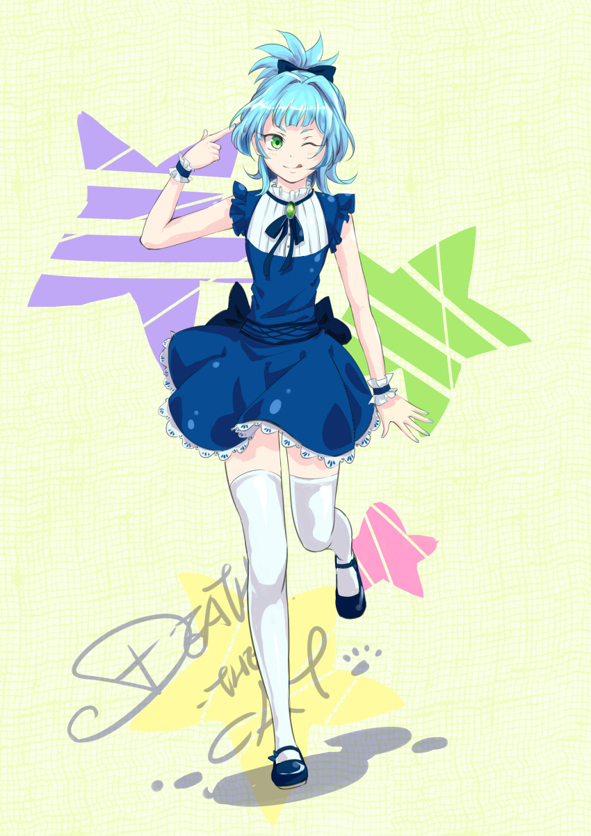 1boy, :p, absurdres, blue_hair, bow, crossdressinging, dress, green_eyes