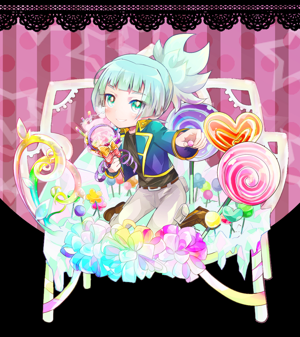 1boy, blue_hair, candy, green_eyes, jacket, lollipop, male_focus, ponytail