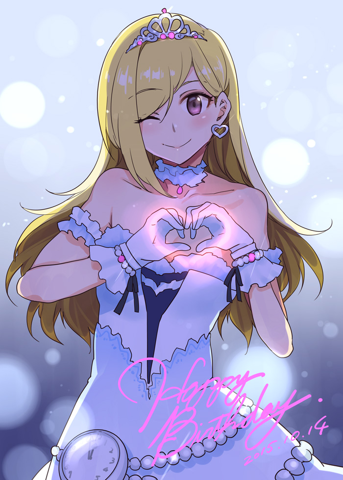 1girl, ;), blonde_hair, bracelet, clock, dress, earrings, fujimoto_rina