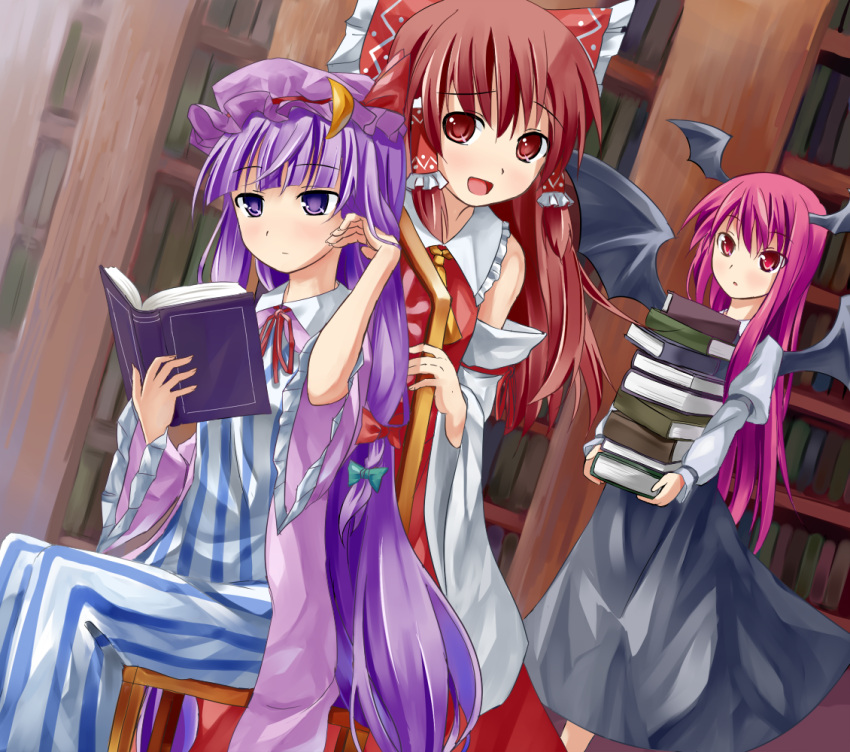 3girls, :/, :d, alternate_hair_length, alternate_hairstyle, armband, ascot, bangs
