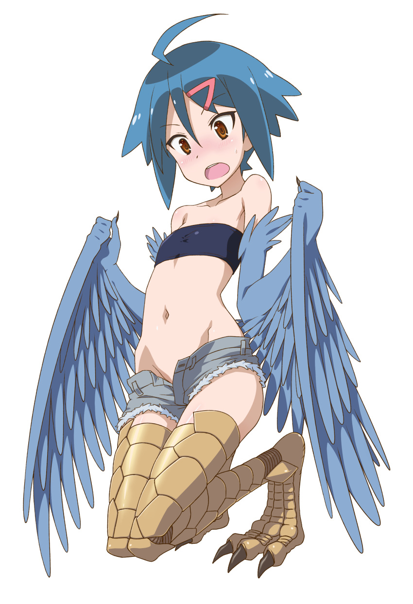 1girl, absurdres, ahoge, blue_hair, blue_wings, cosplay, denim, denim_shorts, feathered_wings, groin, harpy, highres, midiman, midriff, monster_girl, monster_musume_no_iru_nichijou, open_mouth, papi_(monster_musume), scales, shorts, strapless, tubetop, unbuttoned, wings