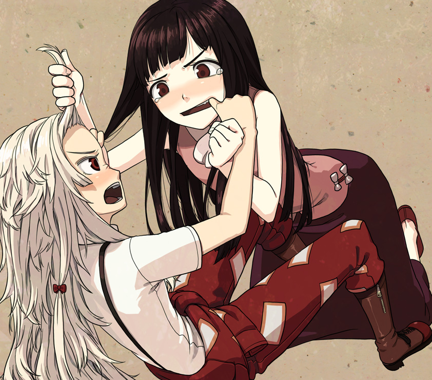 bad_id, black_hair, blonde_hair, blush, brown_eyes, catfight, fujiwara_no_mokou, hair_pull