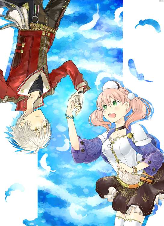 1boy, 1girl, atelier_(series), atelier_escha_&amp;_logy, bracelet, braid, choker, escha_malier