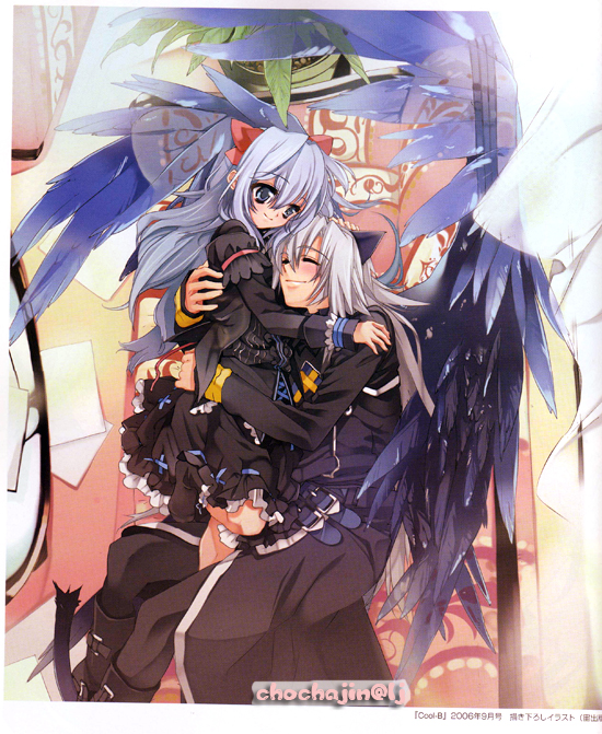 animal_ears, ashe, ashe_(under_the_moon), blue_eyes, cat_ears, closed_eyes, dress, hug