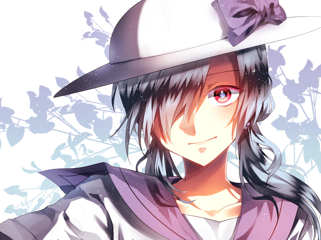 1girl, blue_hair, bow, fuuna_(conclusion), hair_over_one_eye, hat, long_hair, luize
