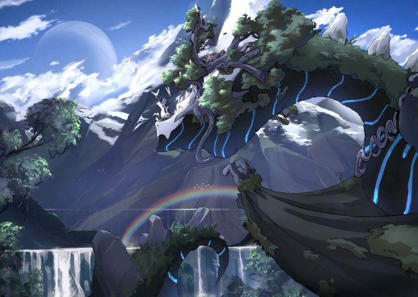 1girl, bird, blue_hair, dragon, highres, moon, mountain, original