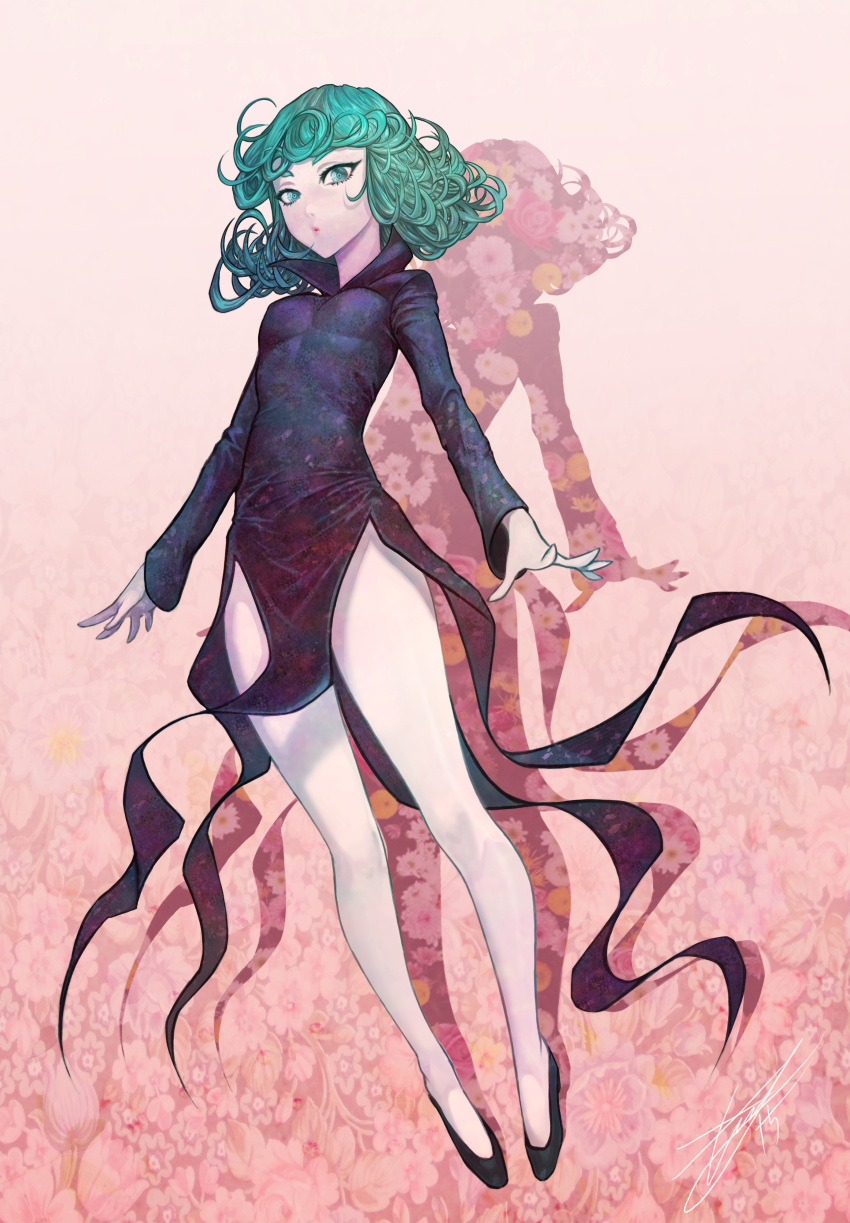 1girl, absurdres, bare_legs, black_dress, curly_hair, dress, eyelashes, full_body