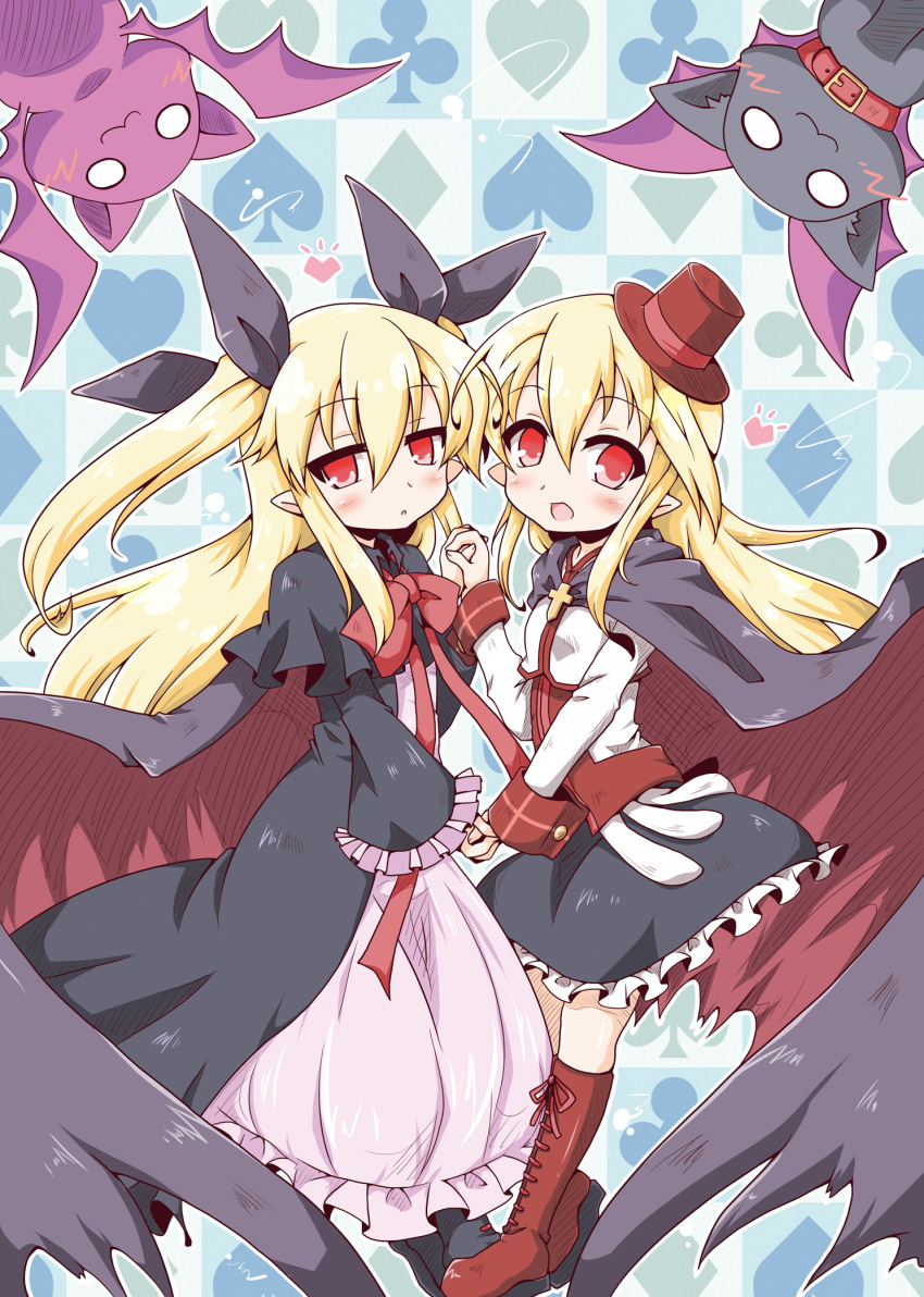 2girls, :3, :d, blonde_hair, boots, bow, cape, capelet