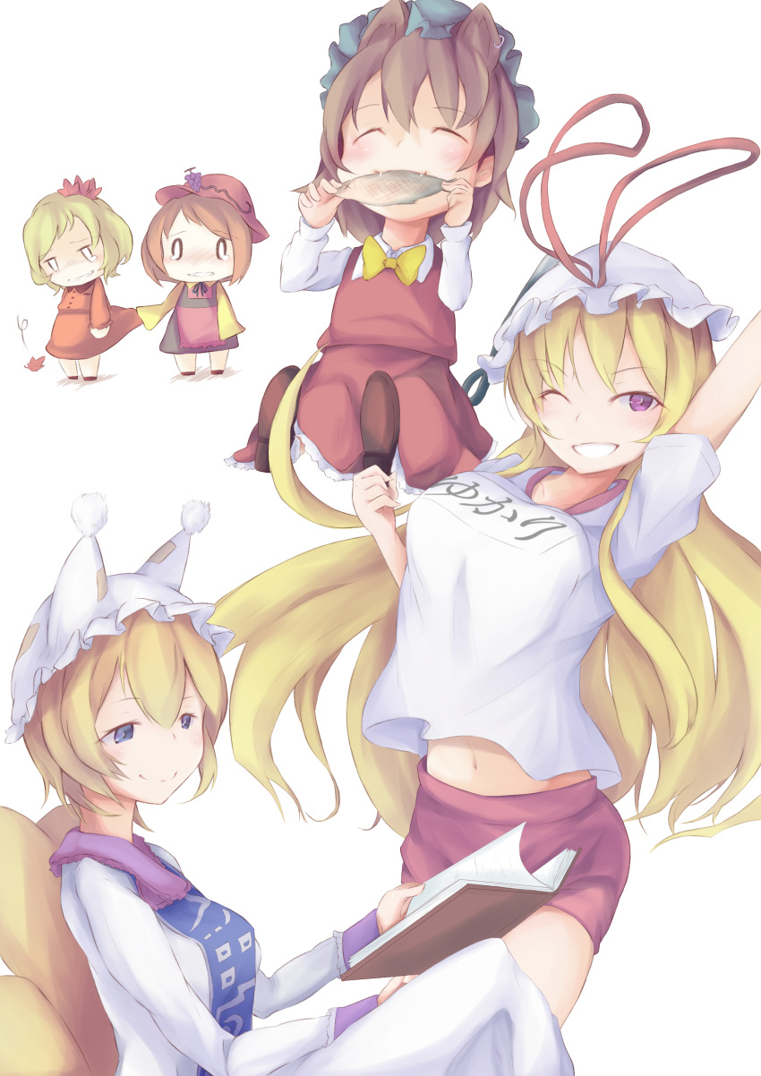 5girls, absurdres, aki_minoriko, aki_shizuha, animal_ears, arm_up, black_dress, blonde_hair