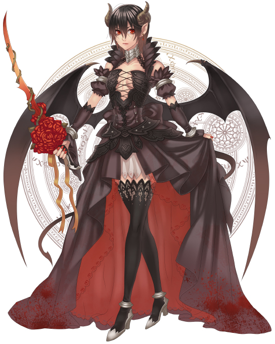 1girl, black_hair, demon_girl, dress, female, flower, hatake_michi, hatakemichi, high_heels, horns, legs, magic_circle, original, pointy_ears, red_eyes, rose, short_hair, solo, sword, tail, thigh-highs, thighhighs, weapon, wings