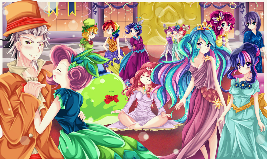 apple_bloom, applejack, celestia_(my_little_pony), commentary, discord_(my_little_pony), fluttershy, kiriche, maud_pie