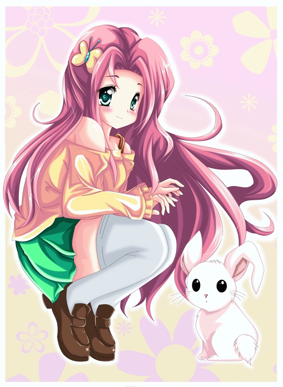 1girl, angel_bunny, bare_shoulders, commentary, fluttershy, kiriche, my_little_pony, my_little_pony_friendship_is_magic, personification, rabbit, solo