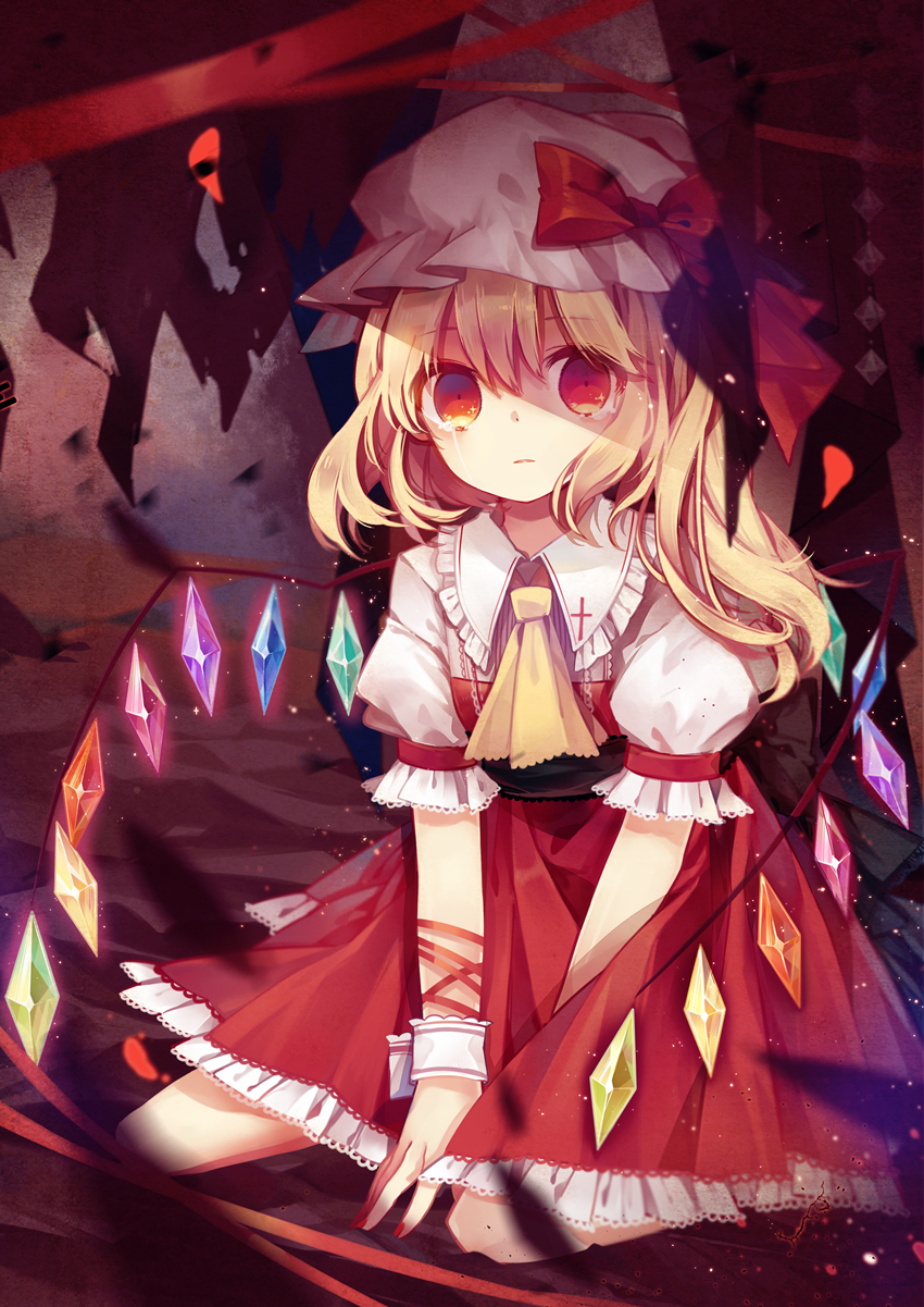 1girl, arm_ribbon, ascot, blonde_hair, bow, crying, dress, flandre_scarlet, hat, hat_bow, highres, kuromomo, looking_at_viewer, mob_cap, puffy_short_sleeves, puffy_sleeves, red_dress, red_eyes, ribbon, sash, short_sleeves, side_ponytail, sitting, solo, touhou, wariza, wings, wrist_cuffs