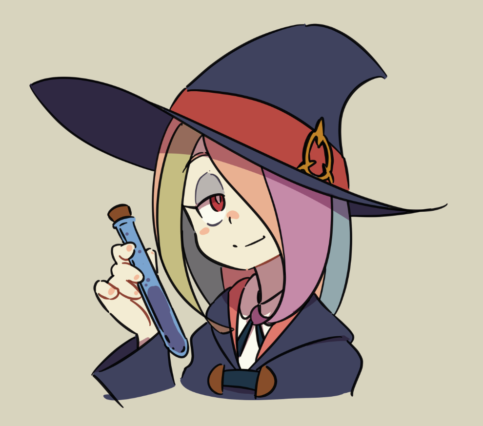 1girl, ammonio, eyeshadow, hair_over_one_eye, hat, little_witch_academia, long_hair, multicolored_hair