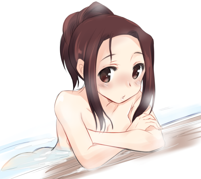 1girl, abenattou, alternate_hairstyle, bath, bathing, blush, brown_eyes, brown_hair