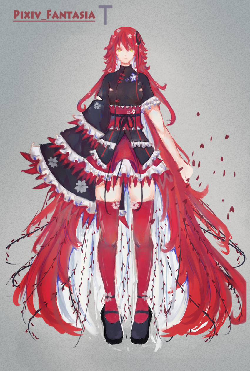 1girl, absurdly_long_hair, asymmetrical_sleeves, cherry_blossoms, china_dress, chinese_clothes, comb_(suz), dress