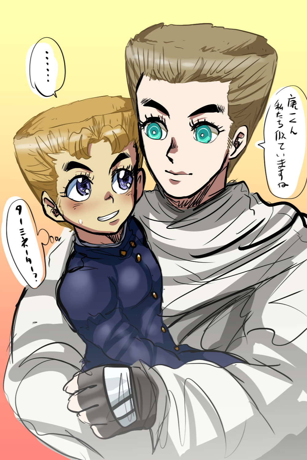 2boys, blonde_hair, carrying, eyebrows, fingerless_gloves, gakuran, gloves, highres