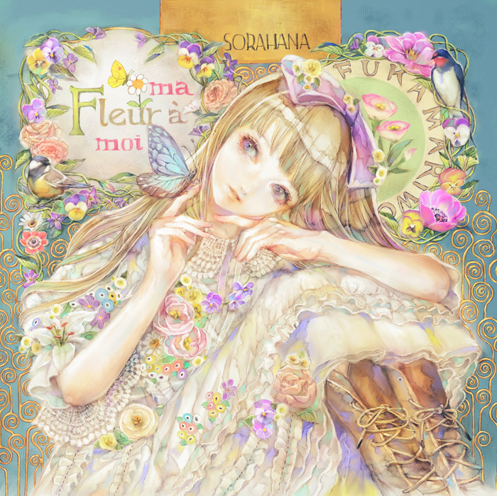1girl, bird, blonde_hair, boots, bow, brown_boots, butterfly, chickadee, dress, flower, frills, hair_bow, original, pansy, sitting, solo, swallow_(bird), white_dress, yogisya