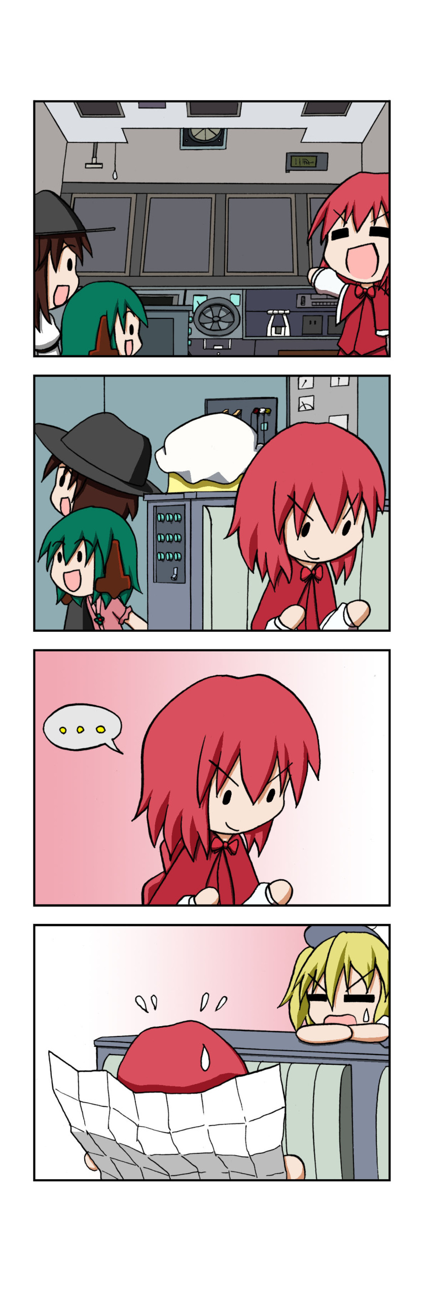 4koma, 5girls, :d, absurdres, animal_ears, blonde_hair, braid, brown_hair, chibi, comic, flying_sweatdrops, green_hair, hat, highres, kasodani_kyouko, kitashirakawa_chiyuri, long_hair, machinery, maribel_hearn, mob_cap, multiple_girls, okazaki_yumemi, open_mouth, rakugaki-biyori, reading, redhead, sailor_hat, silent_comic, single_braid, smile, sweatdrop, touhou, twintails, usami_renko, very_long_hair