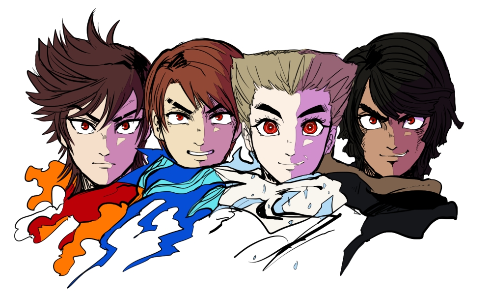 4boys, asymmetrical_eyebrows, black_hair, blue_eyes, brown_hair, cole_(ninjago), evil_smile, eyebrows, hair_over_one_eye, japanese_clothes, jay_(ninjago), kai_(ninjago), multiple_boys, ninjago, red_eyes, shimotsuki_kitsune, short_hair, silver_hair, smile, spiky_hair, thick_eyebrows, turtleneck, zane_(ninjago)