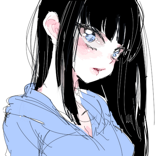 1girl, aano_(10bit), black_hair, blue_eyes, blush, hime_cut, hoodie, lips, long_hair, looking_at_viewer, lowres, naishi-chan, open_mouth, original, sharp_teeth, simple_background, solo, upper_body, white_background