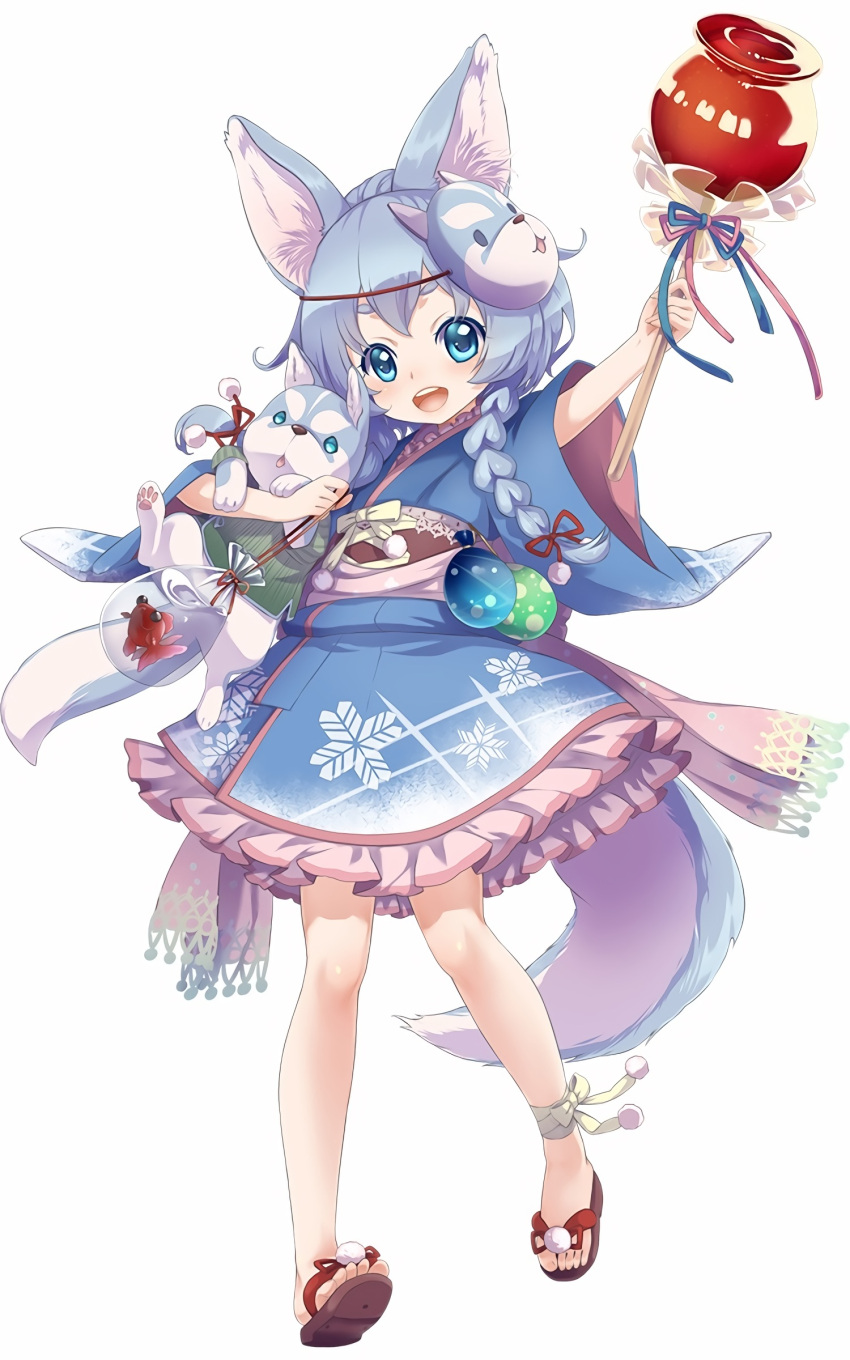 1girl, :d, absurdres, animal_ears, blue_eyes, blue_hair, braid, candy_apple