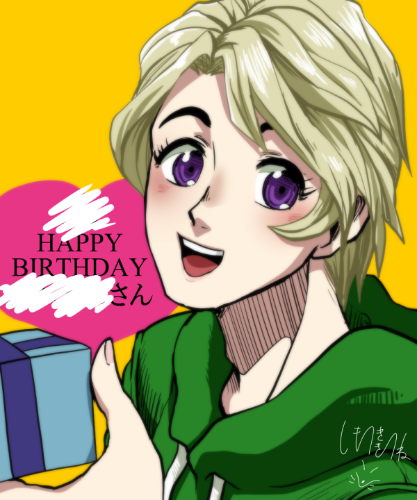 1boy, alternate_costume, blonde_hair, box, gift, gift_box, happy_birthday, heart