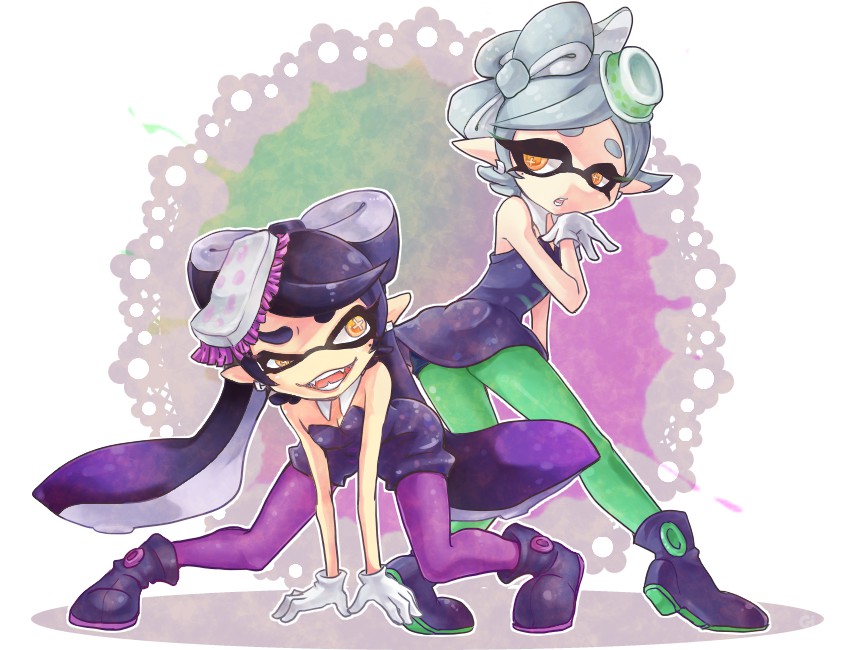 +_+, 2girls, bike_shorts, black_hair, brown_eyes, callie_(splatoon), detached_collar, dress