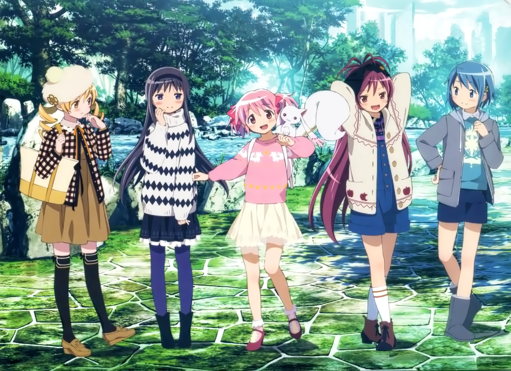 5girls, :d, akemi_homura, alternate_costume, argyle, argyle_sweater, arms_behind_head, backpack