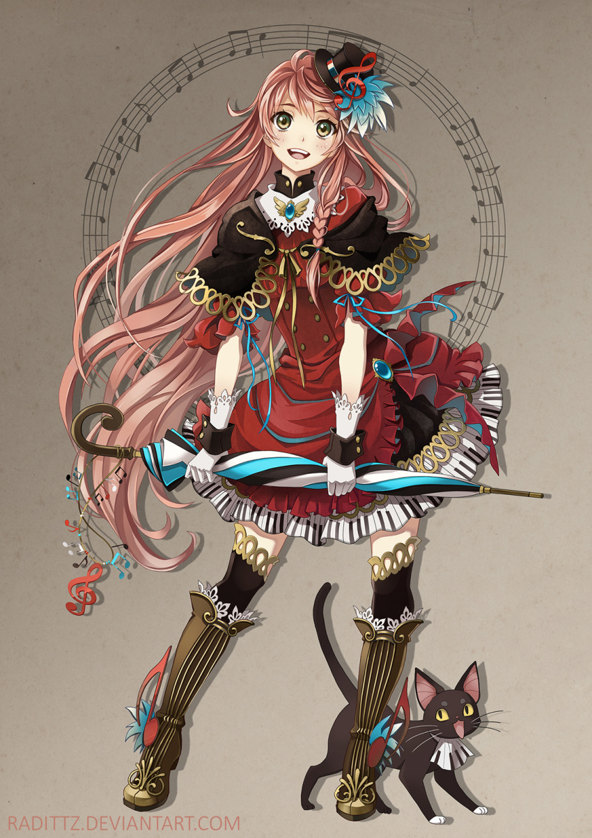 1girl, :d, animal_ears, artist_name, boots, bow, braid, brown_background, brown_hair, cat, closed_umbrella, dress, full_body, gem, gloves, green_eyes, hat, highres, jewelry, knee_boots, long_hair, looking_at_viewer, musical_note, musical_note_print, open_mouth, original, piano_print, puffy_short_sleeves, puffy_sleeves, radittz, red_dress, ribbon, sapphire_(stone), short_sleeves, side_braid, simple_background, single_braid, smile, standing, thigh-highs, umbrella, very_long_hair, watermark, web_address, white_gloves, zettai_ryouiki