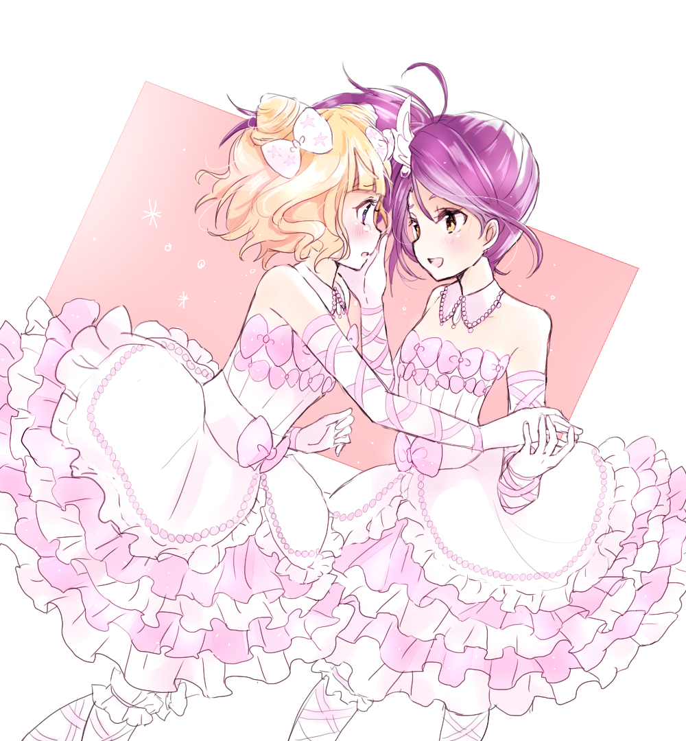 2girls, bare_shoulders, blonde_hair, blush, character_request, kanjyu0919, long_hair, multiple_girls