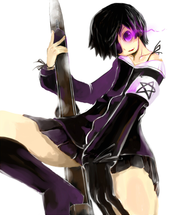 black_legwear, black_matagi, black_rock_shooter, black_socks, eyepatch, gloves, glowing, glowing_eyes