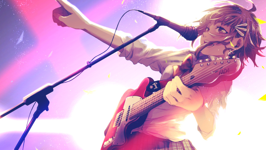 backlighting, bowtie, checkered, checkered_skirt, cowboy_shot, dutch_angle, earrings, electric_guitar