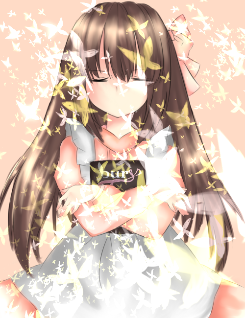 1girl, artist_request, bangs, blush, book, brown_hair, bury, closed_eyes
