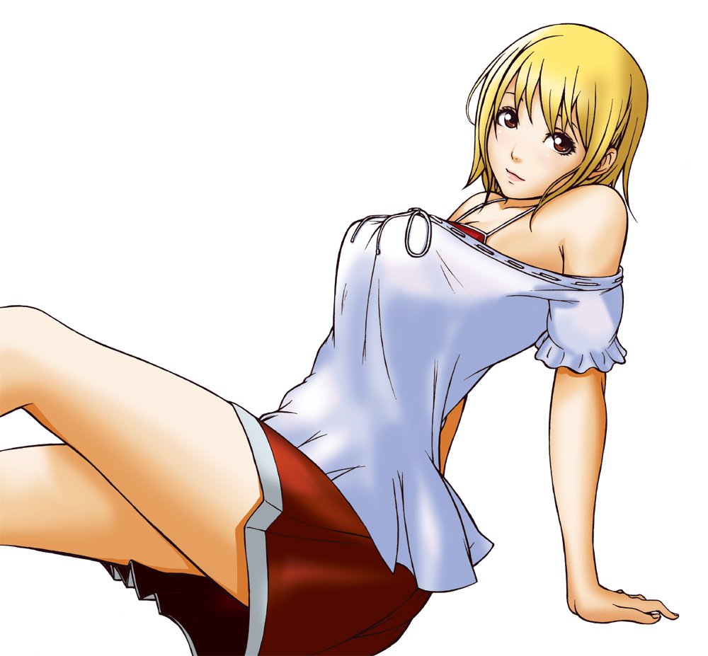 bare_shoulders, blonde_hair, brown_eyes, karasu_(pixiv), off_shoulder, original, short_hair, sitting