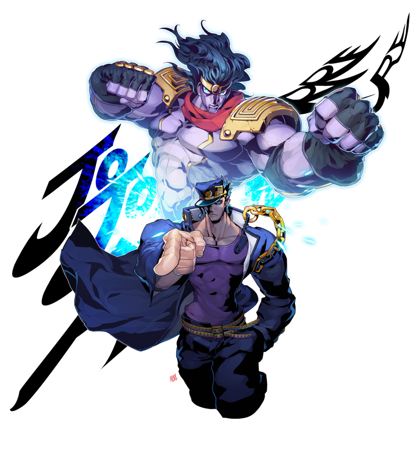 2boys, black_hair, blue_eyes, chain, gakuran, glowing, glowing_eyes, hat, highres, jojo_no_kimyou_na_bouken, kuujou_joutarou, makio00, multiple_boys, pointing, school_uniform, stand_(jojo), star_platinum