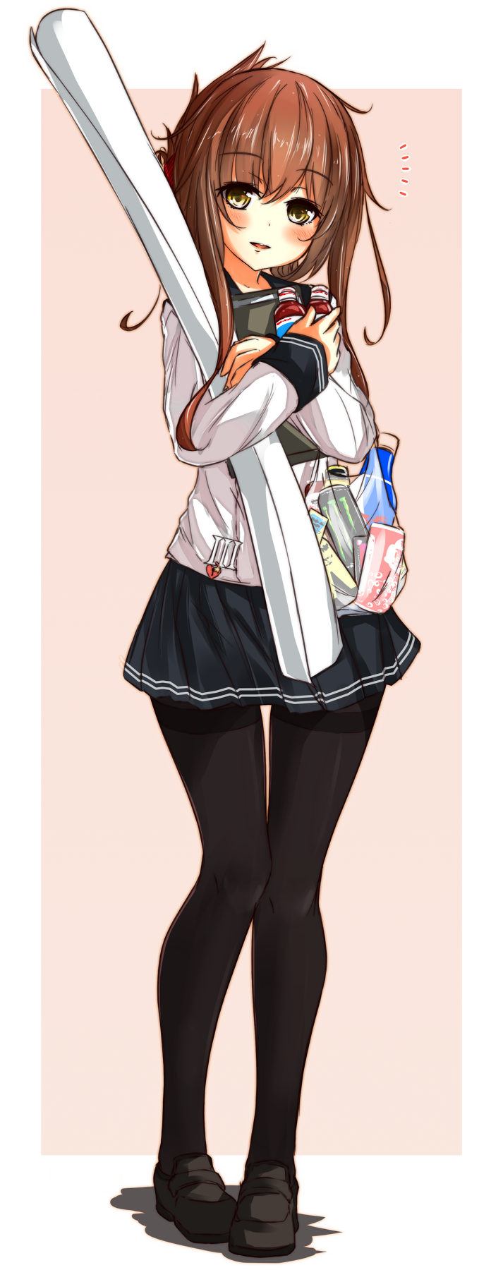 1girl, bag, black_legwear, blush, bottle, brown_eyes, brown_hair, can, folded_ponytail, full_body, highres, inazuma_(kantai_collection), kantai_collection, loafers, long_hair, looking_at_viewer, mic_(folgore), pantyhose, school_uniform, serafuku, shoes, simple_background, smile, solo, thighband_pantyhose