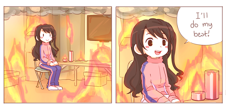 1girl, 2koma, blush_stickers, candle, comic, commentary, english, fire