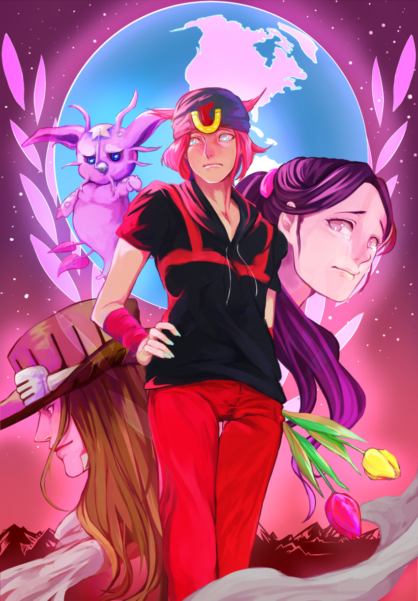 brown_hair, earth, flower, gyro_zeppeli, higashikata_rina, highres, johnny_joestar, jojo_no_kimyou_na_bouken, muu_(brnkhat), pink_hair, purple_hair, stand_(jojo), steel_ball_run, tears, tulip, tusk_(stand)