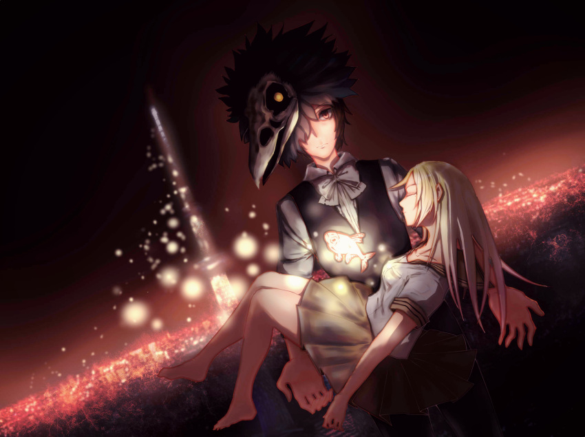 1boy, 1girl, barefoot, brown_hair, carrying, character_request, closed_eyes, dutch_angle