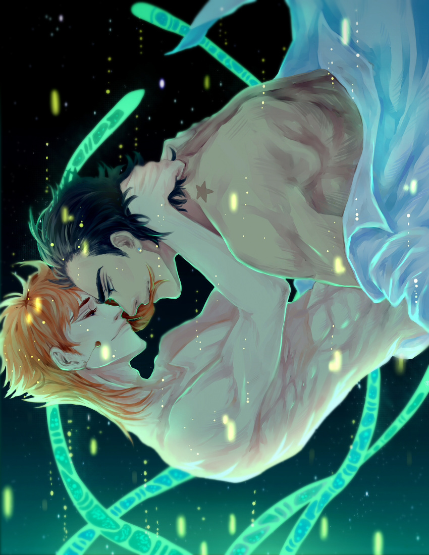 2boys, abs, absurdres, birthmark, black_hair, blue_eyes, blurry, depth_of_field