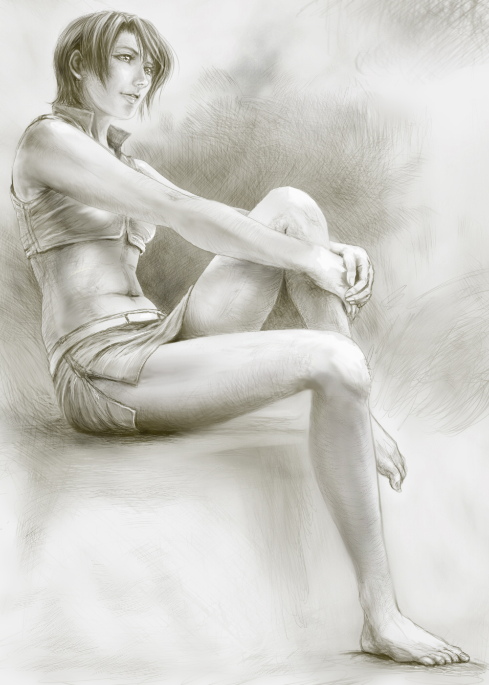 1girl, barefoot, crop_top, crosshatching, full_body, greyscale, highres, mai_(b9035796)