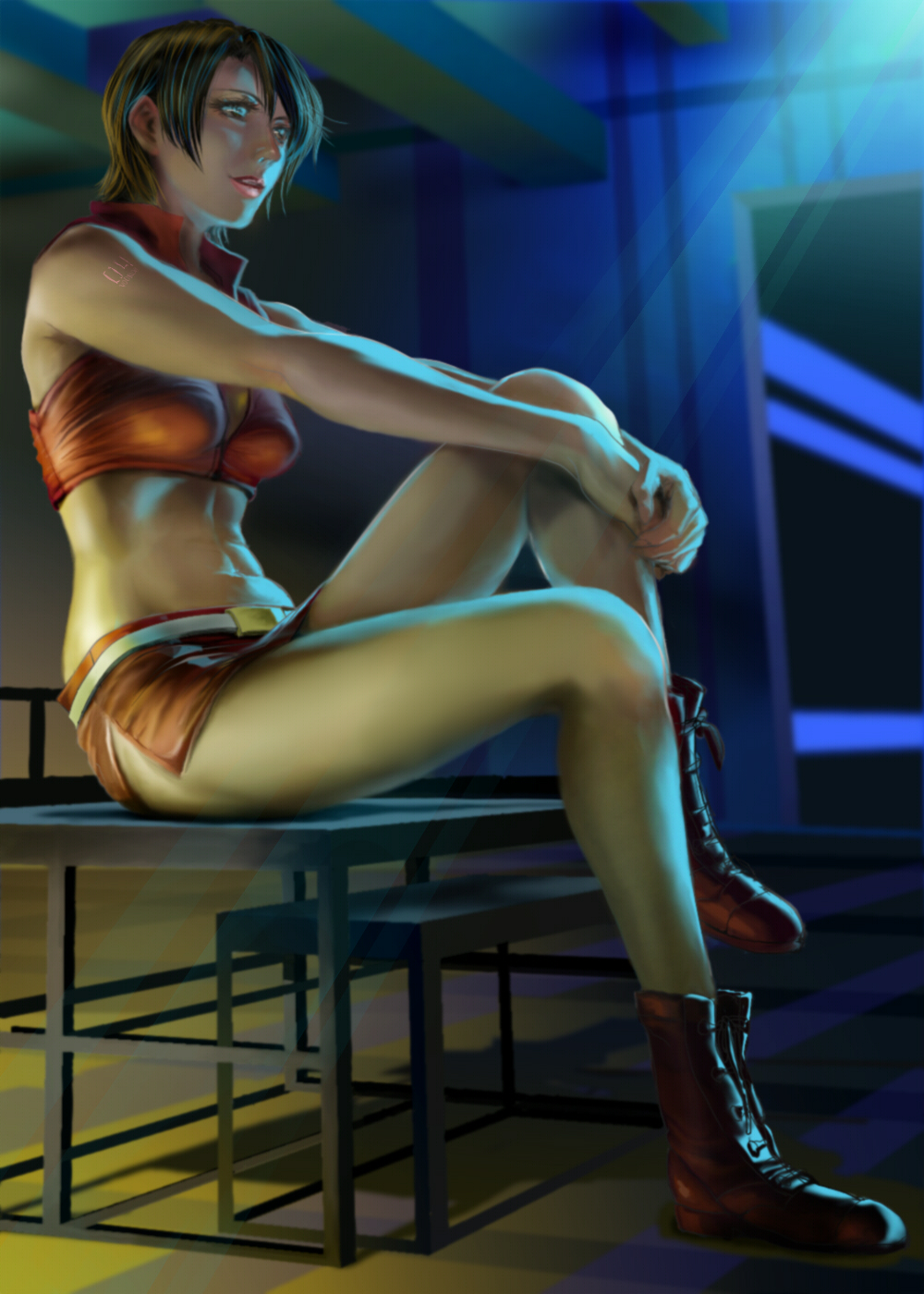 1girl, abs, blue_eyes, boots, breasts, brown_hair, cleavage, crop_top