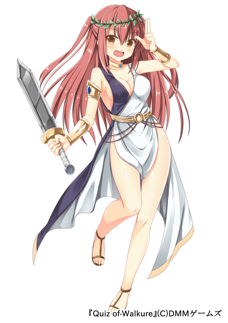 1girl, armlet, bracer, breasts, brown_eyes, brown_hair, cleavage, dodome-iro_mayonnaise, long_hair, official_art, original, quiz_of_walkure, sandals, solo, sword, weapon