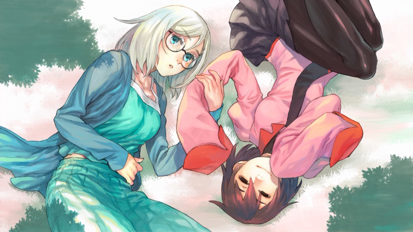 2girls, black_hair, blue_eyes, crossover, end_card, glasses, grass, lying, monogatari_(series), multiple_girls, okitegami_kyouko, okitegami_kyouko_no_bibouroku, on_back, open_mouth, oshino_ougi, owarimonogatari, school_uniform, white_hair