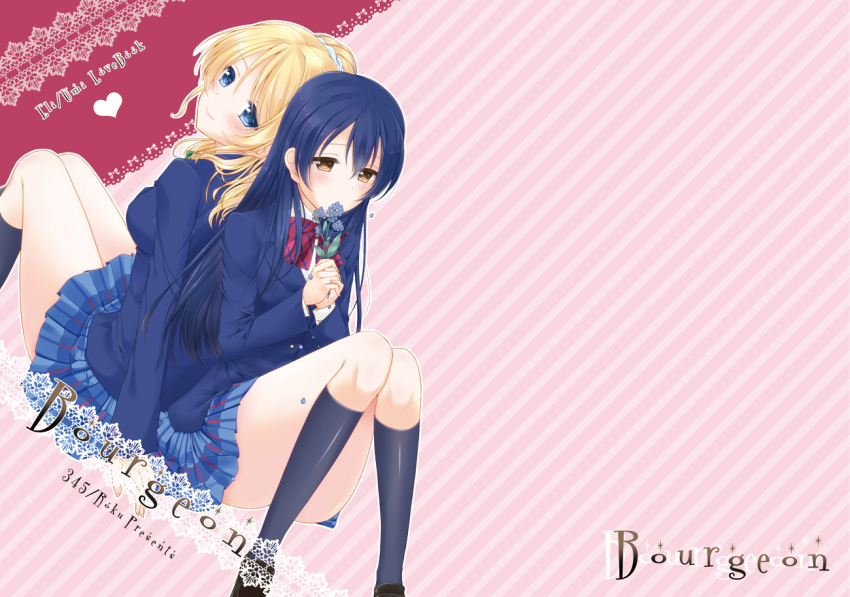 2girls, ayase_eli, back-to-back, bangs, blonde_hair, blue_eyes, blue_hair, blush