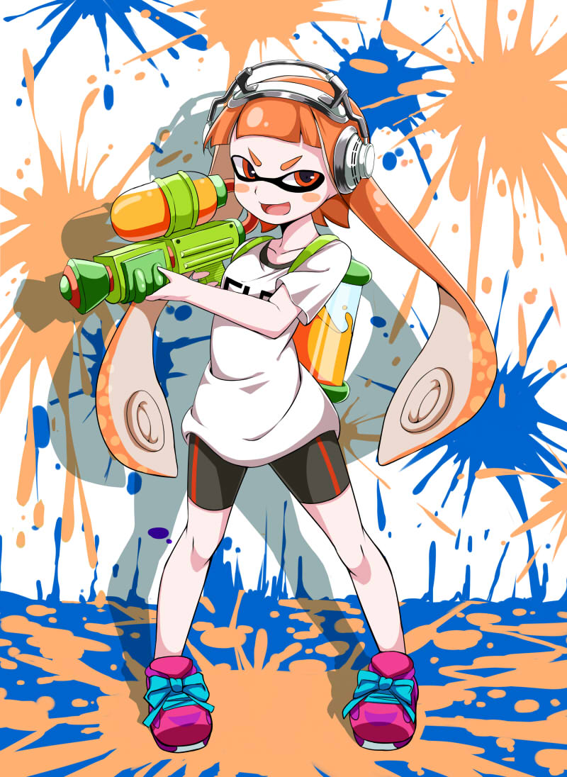 1girl, bike_shorts, blush_stickers, container, domino_mask, full_body, headphones, holding_weapon