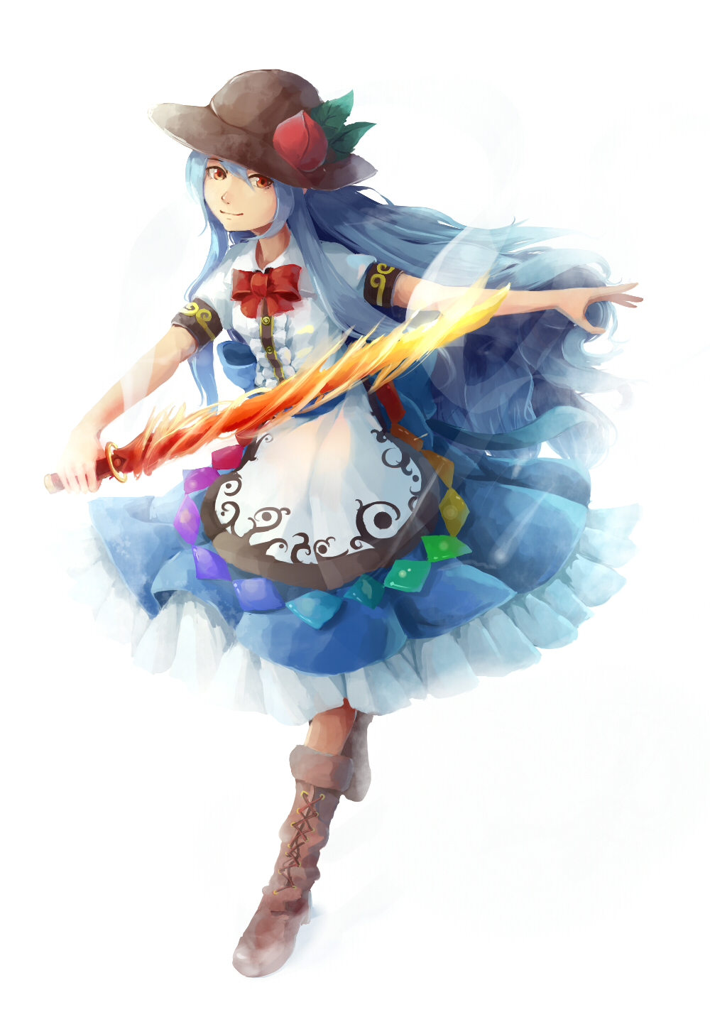 1girl, blue_hair, boots, contrapposto, cross-laced_footwear, food, frilled_skirt, frills