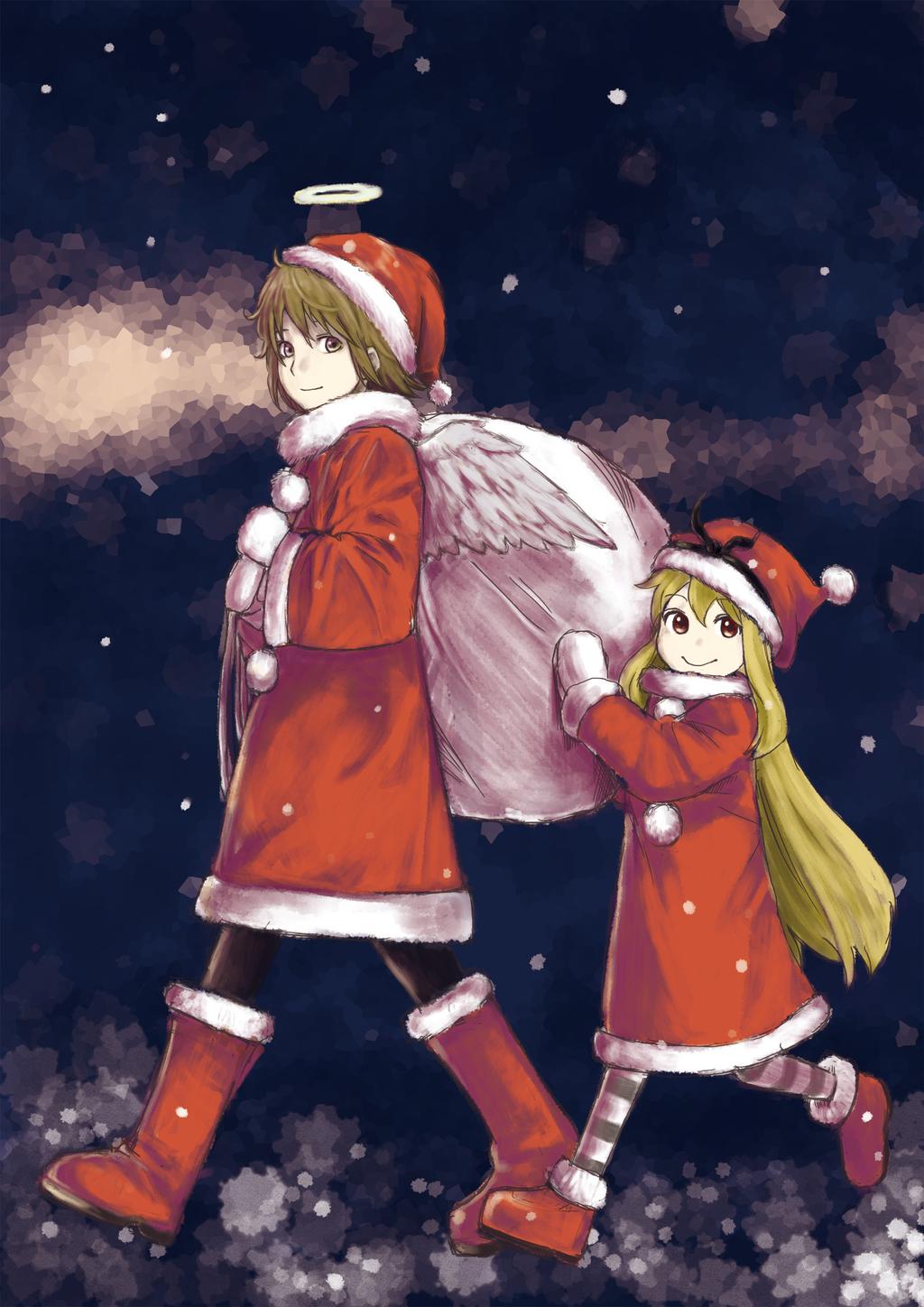 2girls, angel_wings, black_legwear, blonde_hair, brown_eyes, brown_hair, christmas, fur_trim
