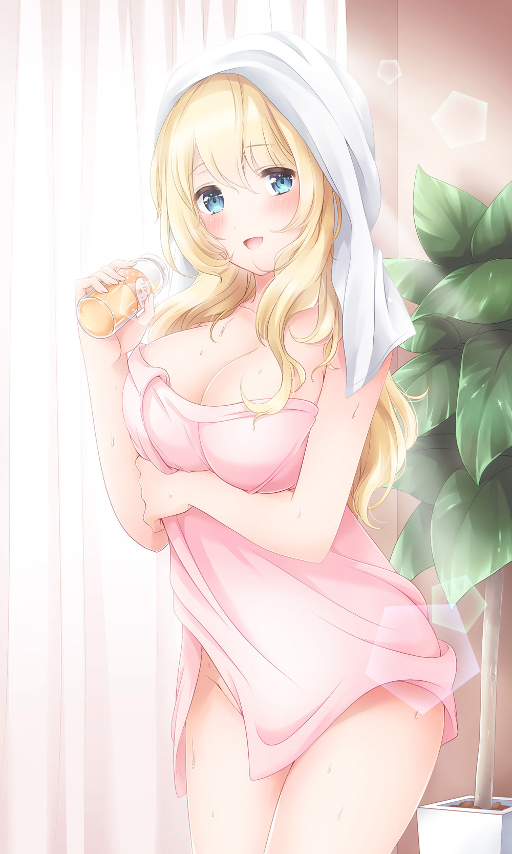 1girl, :d, atago_(kantai_collection), blonde_hair, blue_eyes, bottle, breast_hold, breasts